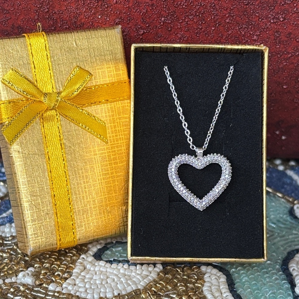 Brand New Silver Tone Open Heart Pendant 18" Necklace Sparkling Cubic Zirconia